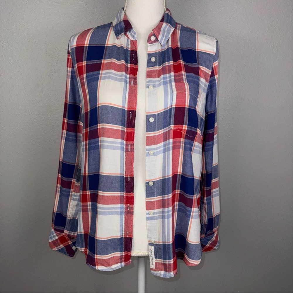 LOGG H&M Women’s Shirt 6 Red White Blue Plaid Button Up Fall Casual Country USA